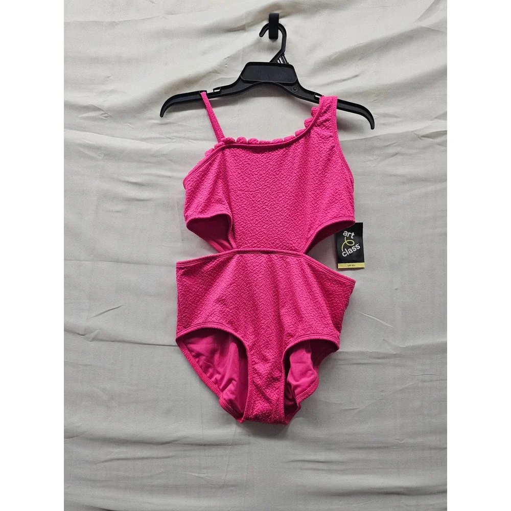 Art Class Girls One Shoulder Cutout Swimsuit Pink Polyester Blend Size XL Plus